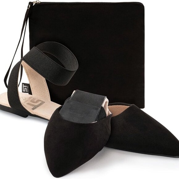 Foldable Flats for Women Black Suede Size 8 Water Resistant Ankle Strap - Picture 1 of 5